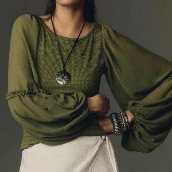 By Anthropologie Tops - NWOT By Anthropologie olive green balloon long sleeved smocked bodice top sz XL